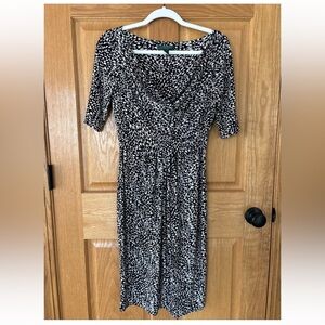 Ralph Lauren Dress Womens 4 Midi Black White Geometric Draped Neck Stretch